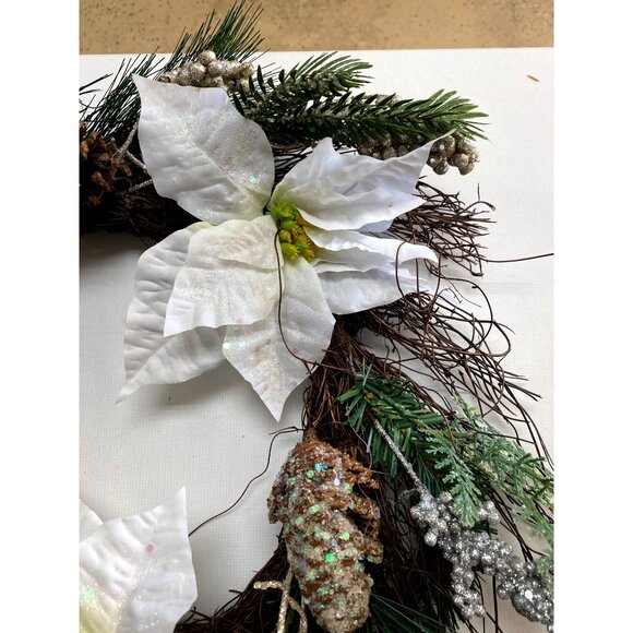 Artificial Winter Wreath White Poinsettias & Pinecones - Picture 3 of 5